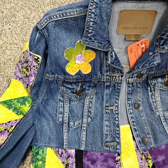 American Eagle Outfitters Patchwork Denim Jacket with Purple and Yellow Accents
